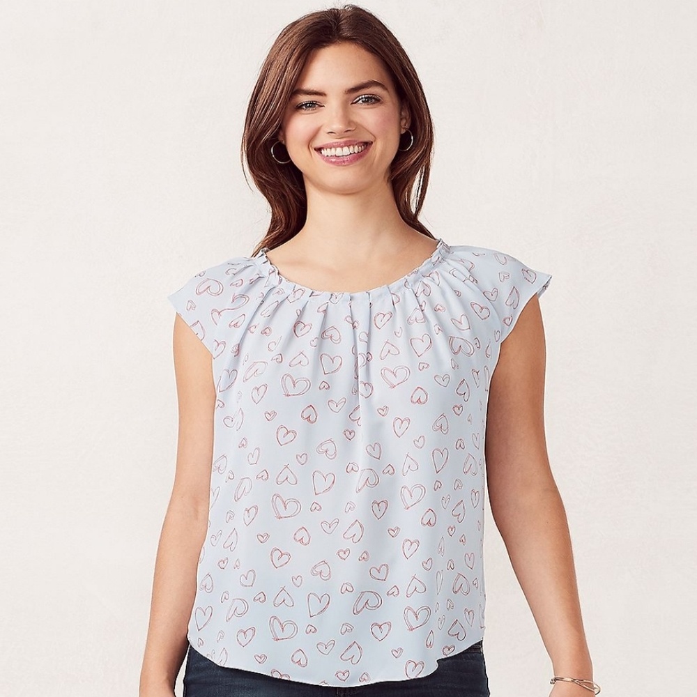 LC Lauren Conrad Baby Blue Heart Pleated Top